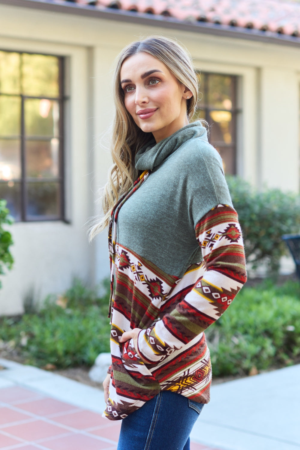 Celeste Design Full Size Geometric Turtleneck Drawstring Knit Top - UrbanEthereal
