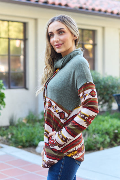 Celeste Design Full Size Geometric Turtleneck Drawstring Knit Top - UrbanEthereal