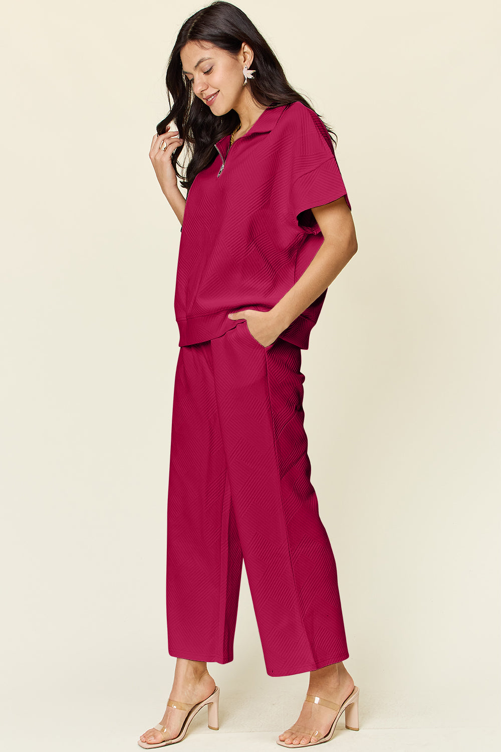 Double Take Full Size Texture Half Zip Short Sleeve Top and Pants Set - UrbanEthereal