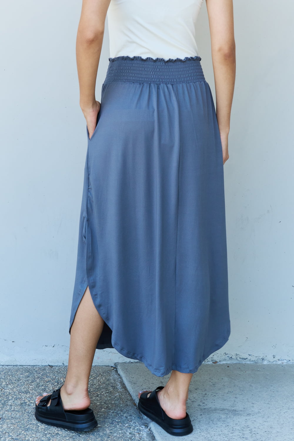 Doublju Comfort Princess Full Size High Waist Scoop Hem Maxi Skirt in Charcoal - UrbanEthereal