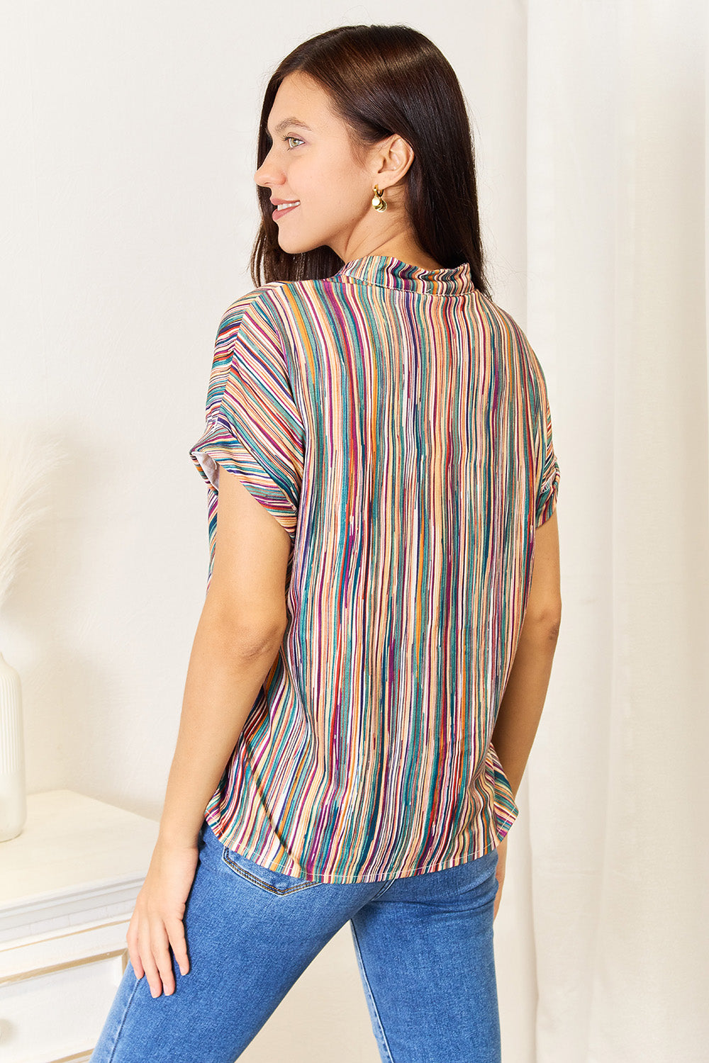 Shiny Multicolored Stripe Notched Neck Top