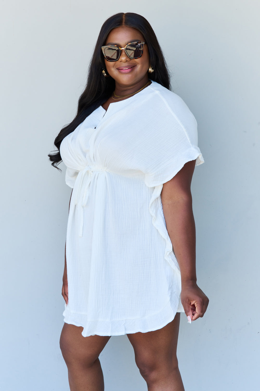 Ninexis Out Of Time Full Size Ruffle Hem Dress with Drawstring Waistband in White - UrbanEthereal