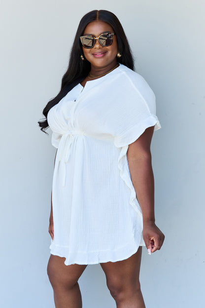 Ninexis Out Of Time Full Size Ruffle Hem Dress with Drawstring Waistband in White - UrbanEthereal