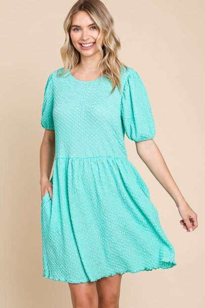 Culture Code Full Size Textured Round Neck Puff Sleeve Dress - UrbanEthereal