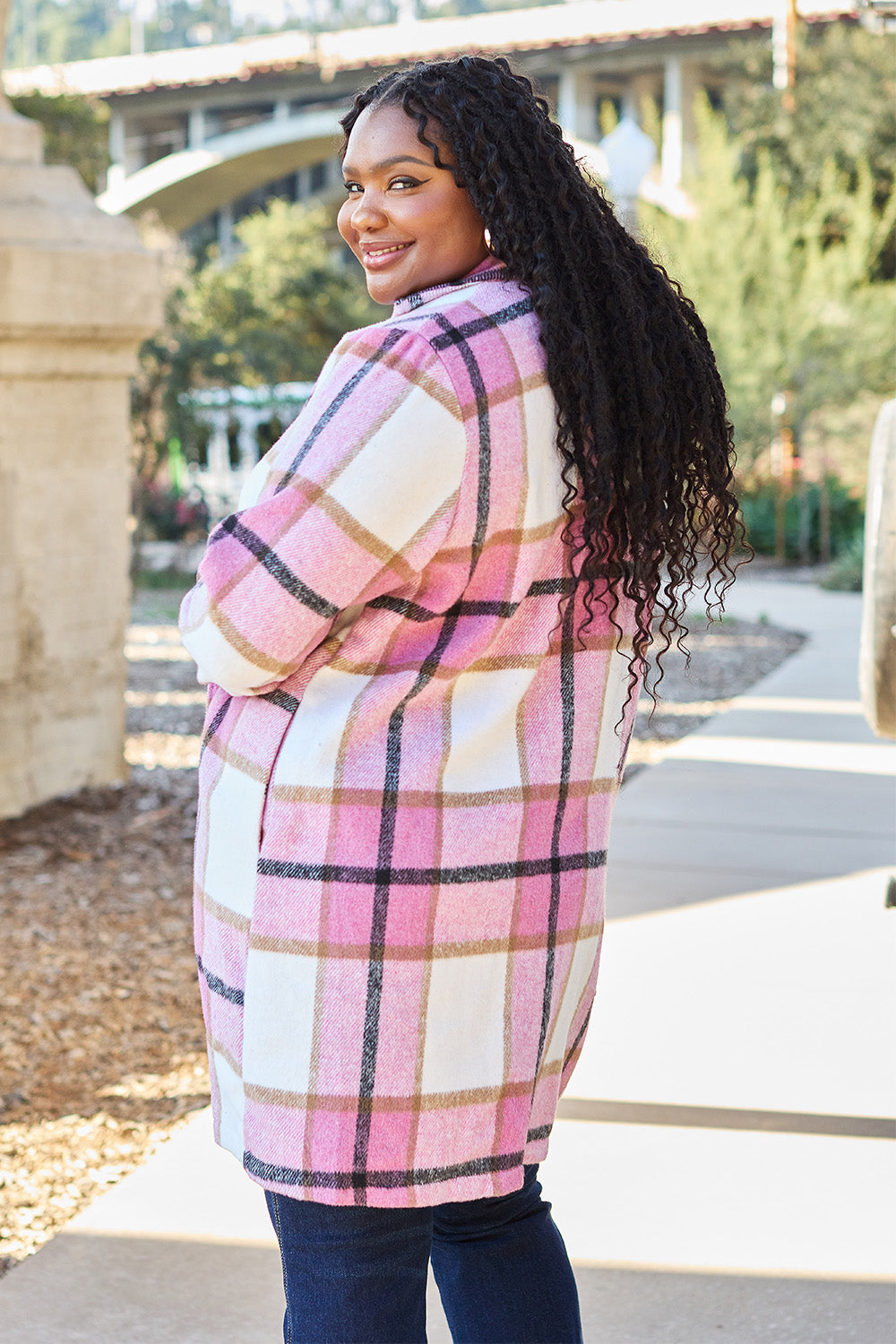 Double Take Full Size Plaid Button Up Lapel Collar Coat - UrbanEthereal