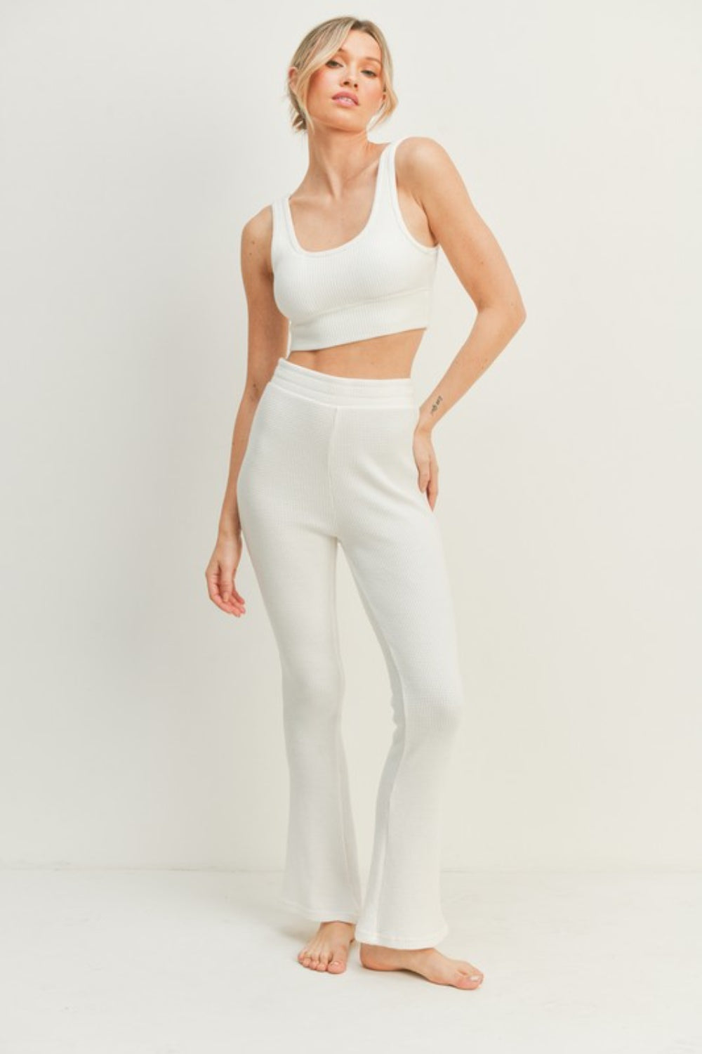 Kimberly C Waffle Tank and High Waist Flare Pants Set - UrbanEthereal