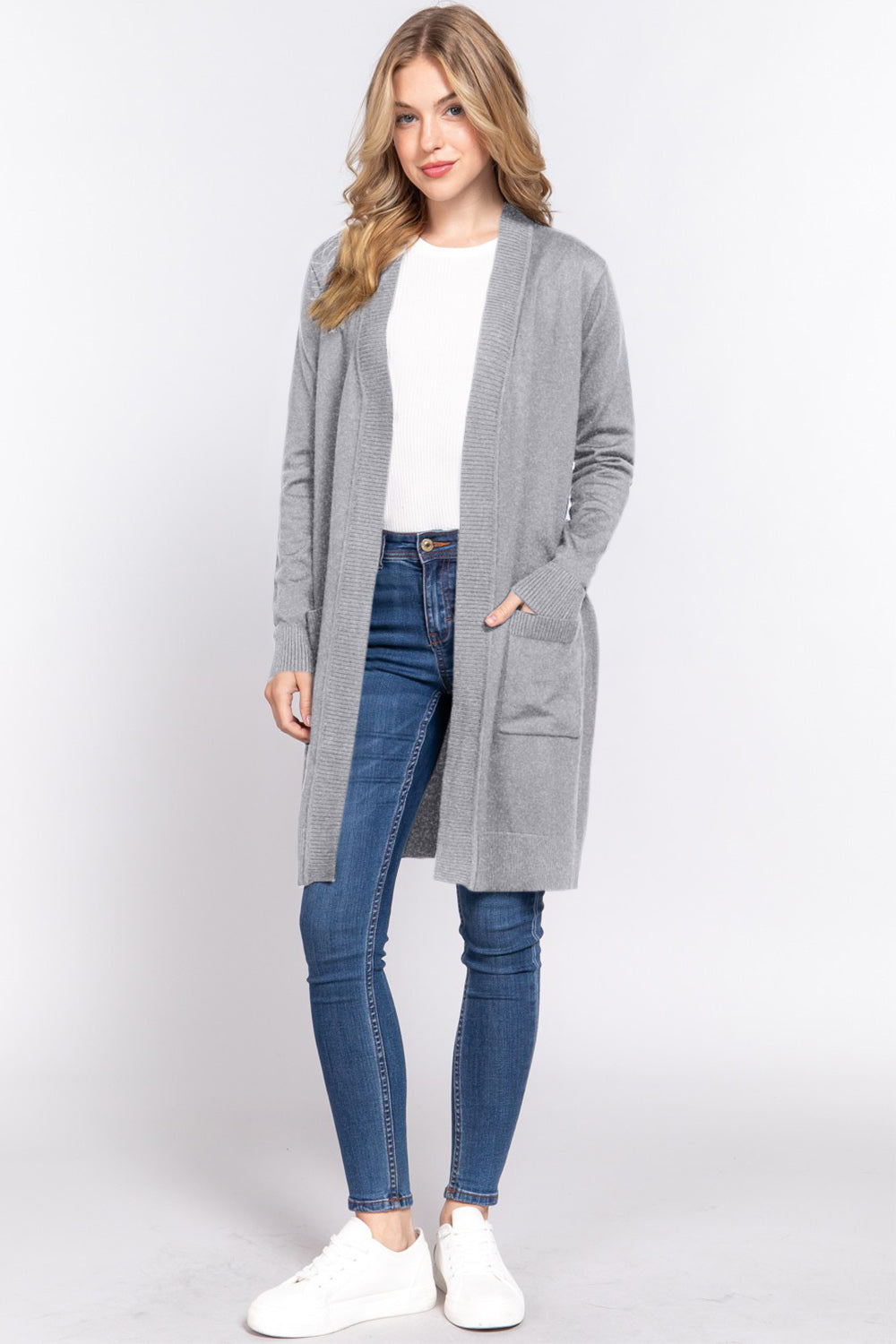 ACTIVE BASIC Open Front Rib Trim Long Sleeve Knit Cardigan - UrbanEthereal