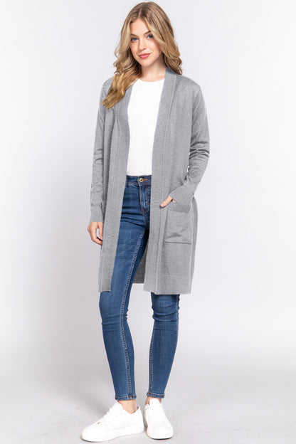 ACTIVE BASIC Open Front Rib Trim Long Sleeve Knit Cardigan - UrbanEthereal