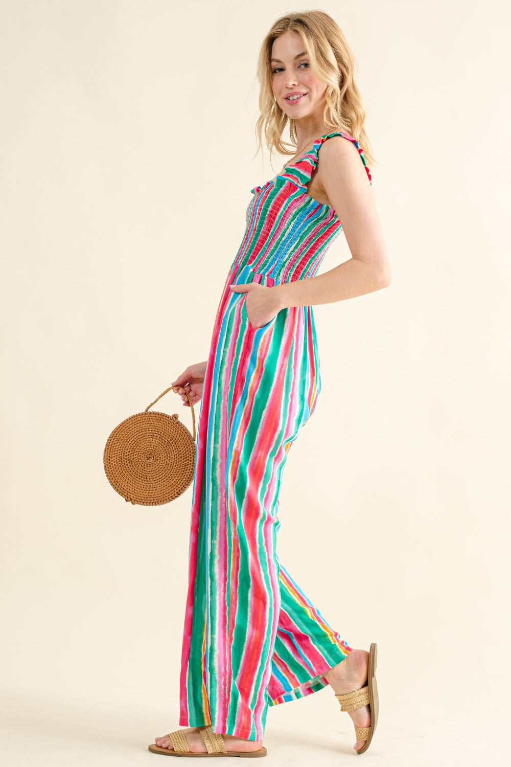 And The Why Full Size Striped Smocked Sleeveless Jumpsuit - UrbanEthereal
