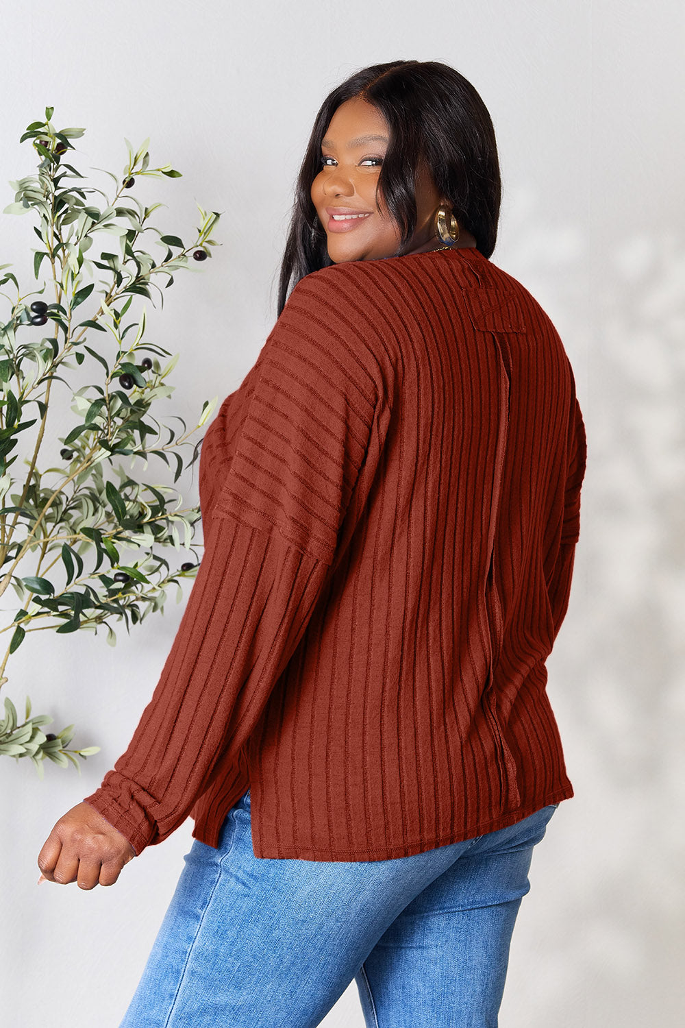 Basic Bae Full Size Ribbed Round Neck Slit Knit Top - UrbanEthereal