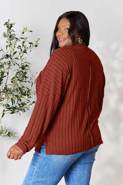 Basic Bae Full Size Ribbed Round Neck Slit Knit Top - UrbanEthereal