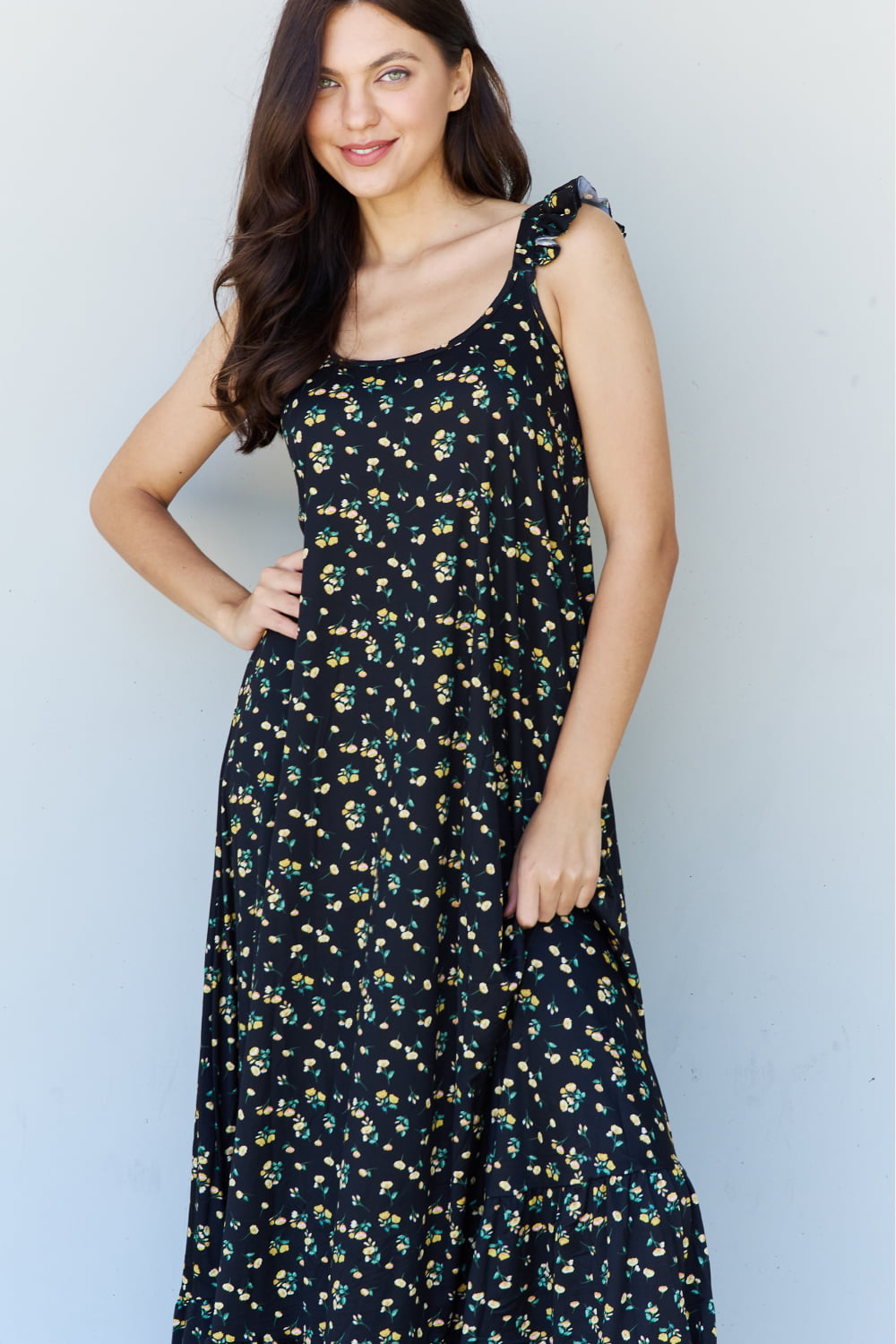 Doublju In The Garden Ruffle Floral Maxi Dress in Black Yellow Floral - UrbanEthereal
