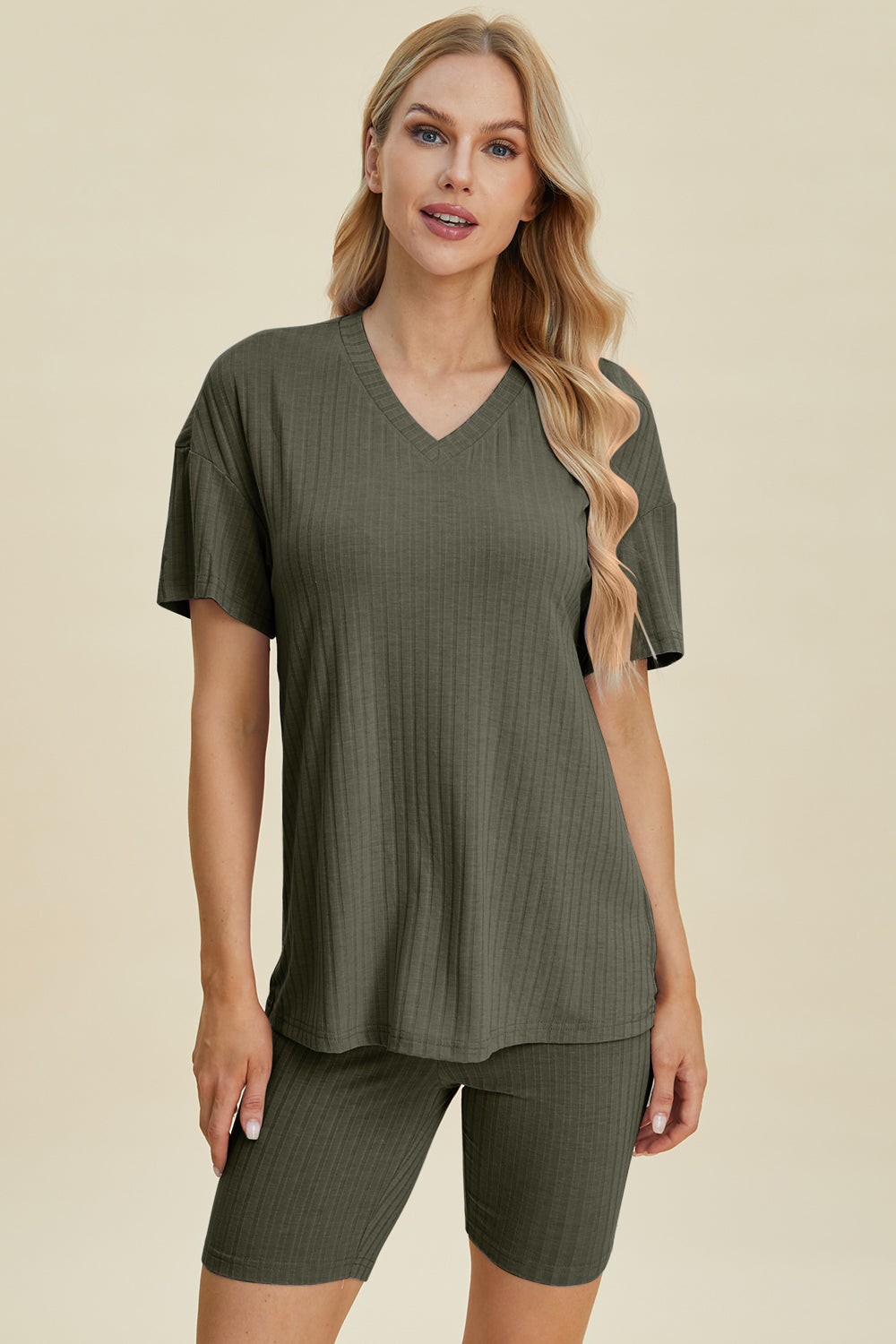 Basic Bae Full Size Ribbed V-Neck Short Sleeve Top and Shorts Set - UrbanEthereal