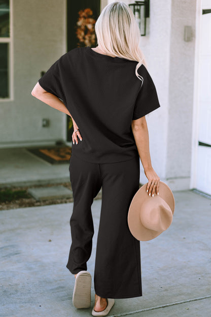 Double Take Full Size Texture Short Sleeve Top and Pants Set - UrbanEthereal