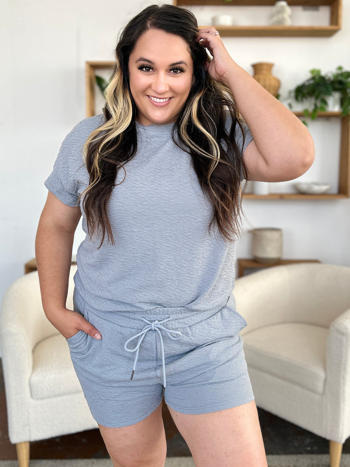 Double Take Full Size Texture Short Sleeve T-Shirt and Drawstring Shorts Set - UrbanEthereal