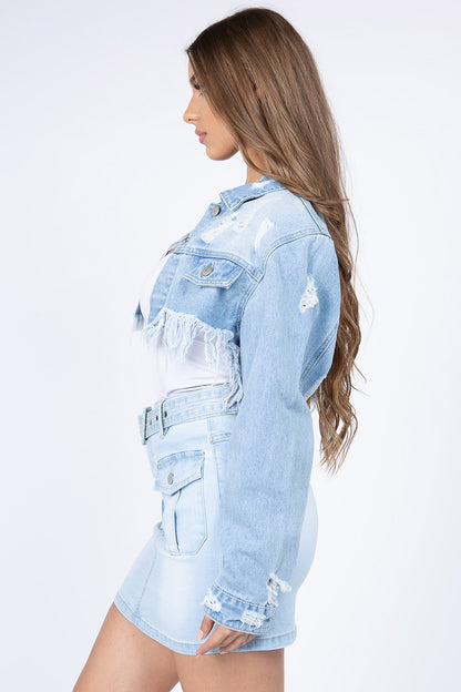 American Bazi Distressed Denim Jacket with Frayed Hem - UrbanEthereal