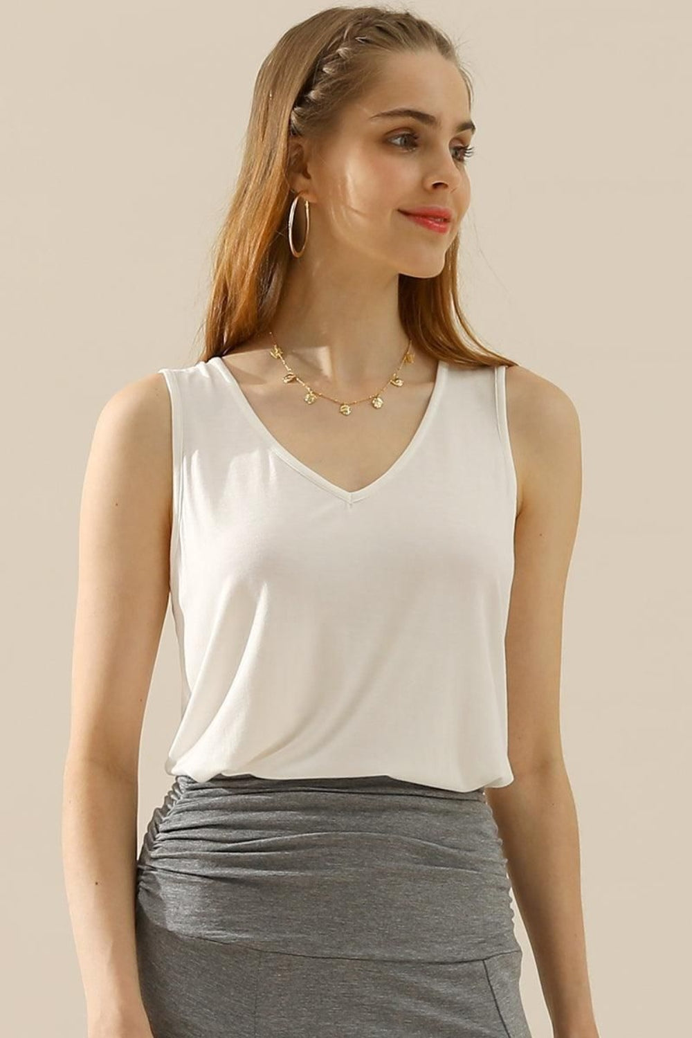 Ninexis Full Size V-Neck Curved Hem Tank - UrbanEthereal