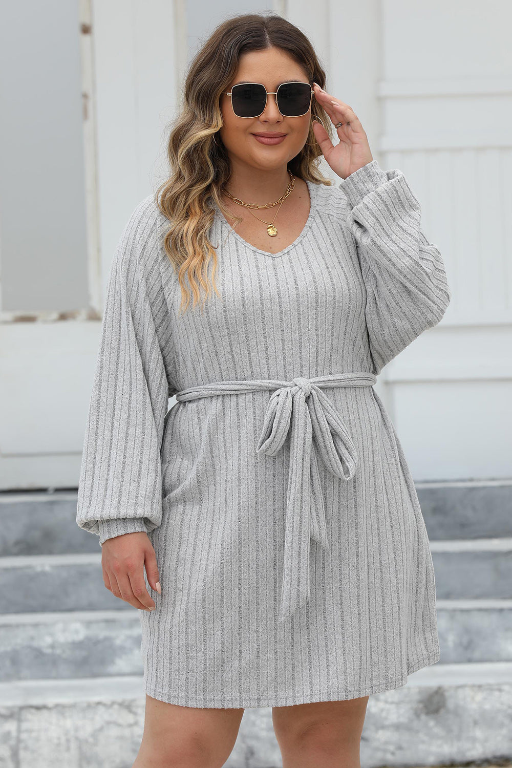 Plus Size Ribbed Tie Front Long Sleeve Sweater Dress - UrbanEthereal