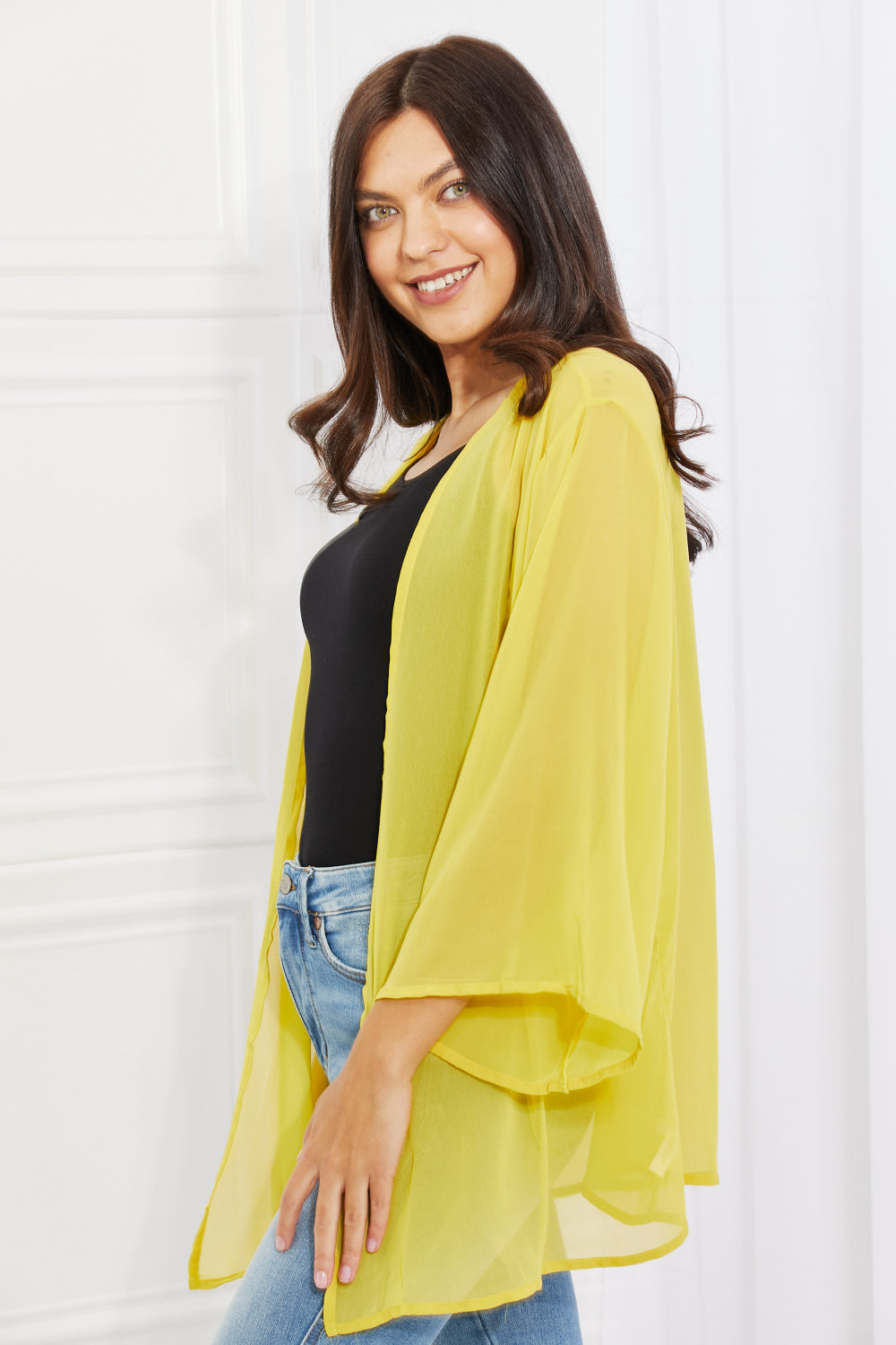 Melody Just Breathe Full Size Chiffon Kimono in Yellow - UrbanEthereal