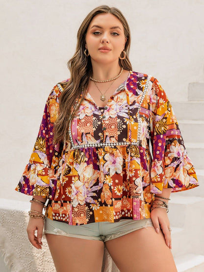 Plus Size Printed Tie Neck Blouse - UrbanEthereal