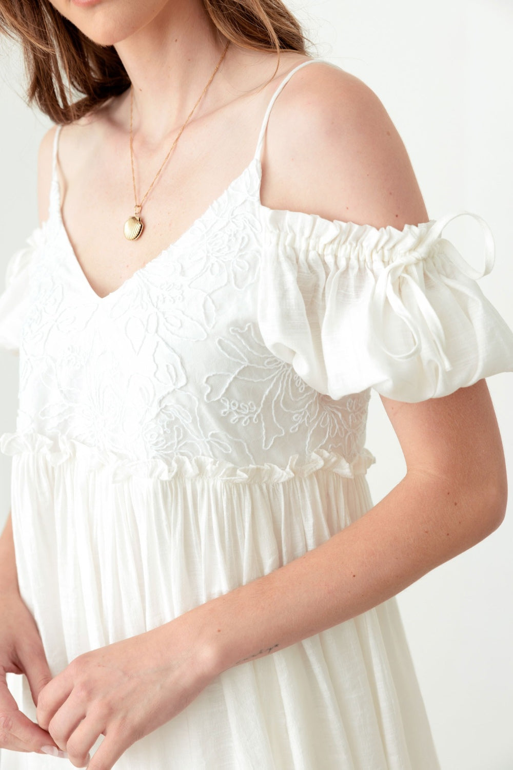 Mustard Seed Embroidered Floral Shirred Cold Shoulder Mini Dress - UrbanEthereal