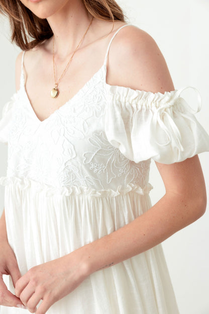 Mustard Seed Embroidered Floral Shirred Cold Shoulder Mini Dress - UrbanEthereal