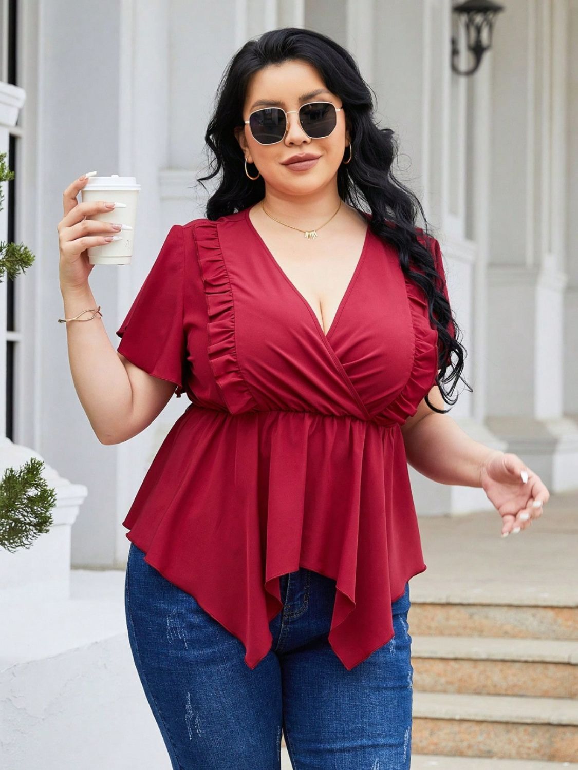 Plus Size Frill Surplice Flutter Sleeve Blouse - UrbanEthereal
