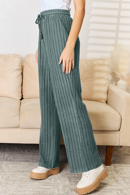 Basic Bae Full Size Ribbed Drawstring Hooded Top and Straight Pants Set - UrbanEthereal