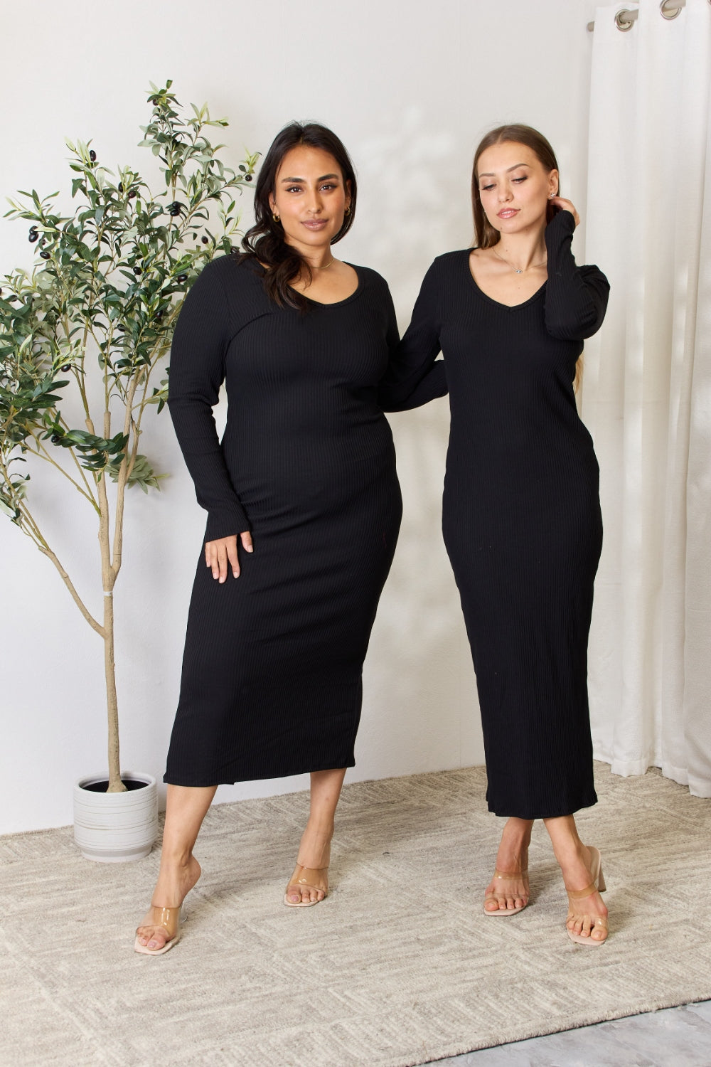 Culture Code Full Size Ribbed Long Sleeve Midi Slit Dress - UrbanEthereal