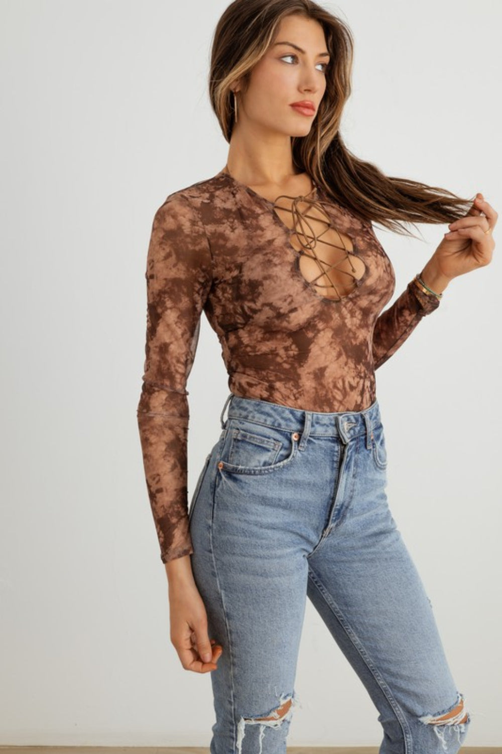 HERA COLLECTION Abstract Mesh Lace-Up Long Sleeve Bodysuit - UrbanEthereal
