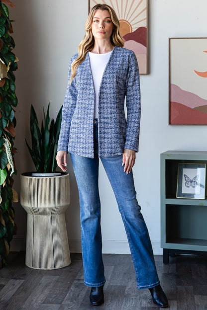 Heimish Full Size Houndstooth Tweed Open Front Blazer - UrbanEthereal