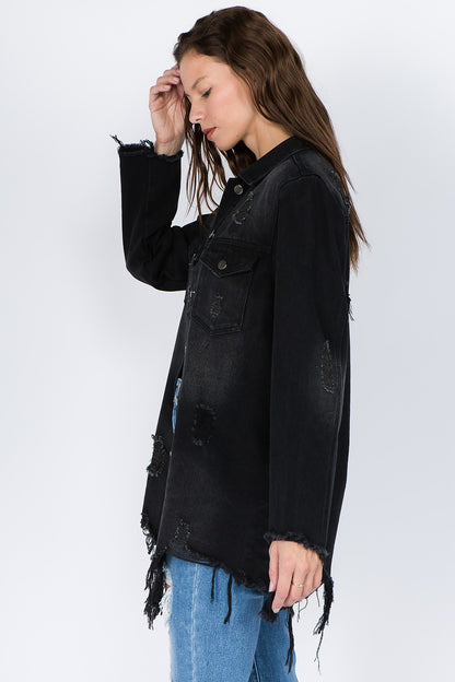 American Bazi Distressed Frayed Hem Denim Jacket - UrbanEthereal