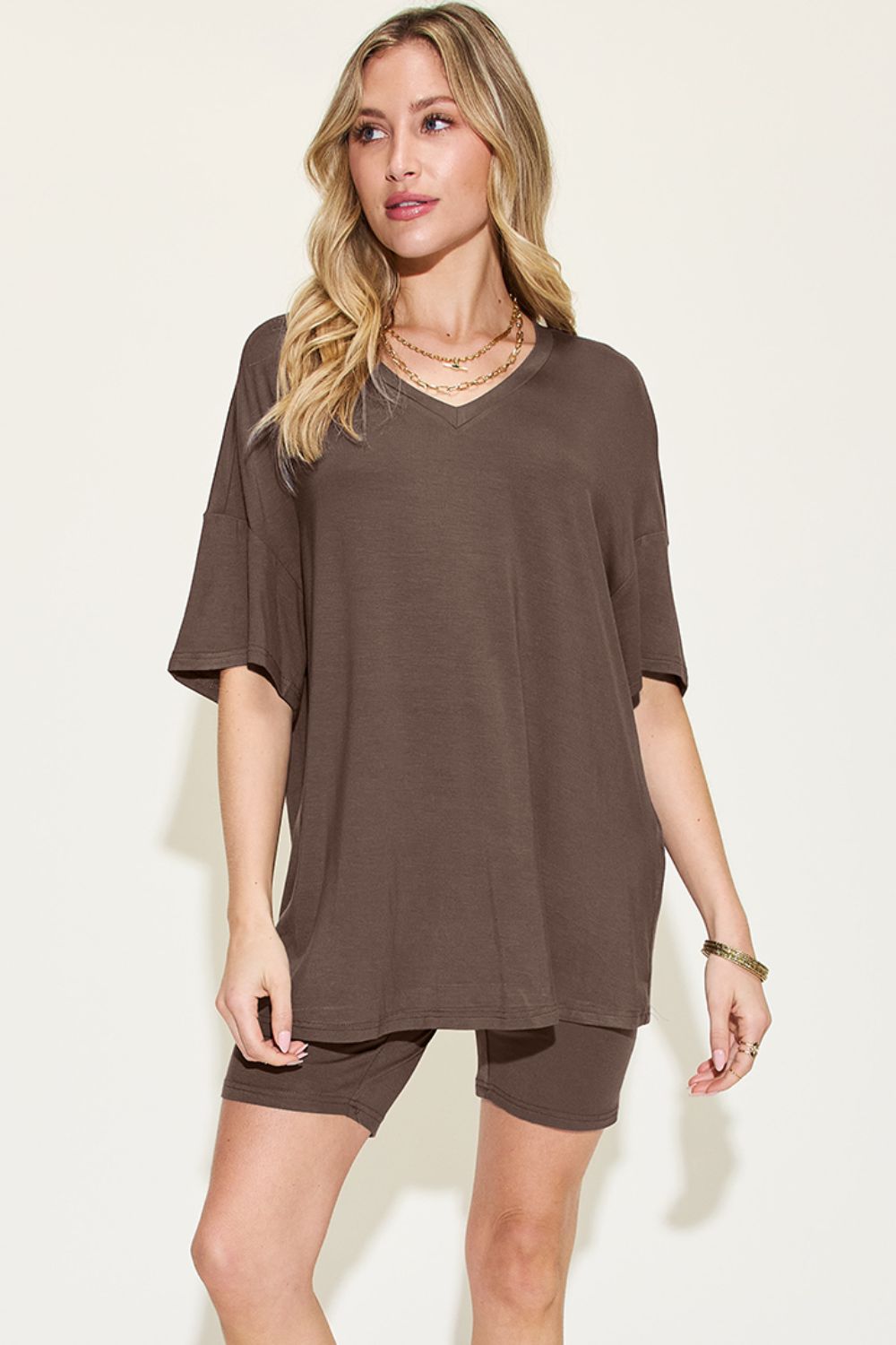 Basic Bae Full Size V-Neck Drop Shoulder T-Shirt and Shorts Set - UrbanEthereal