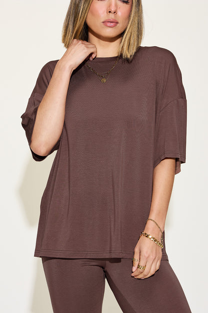 Basic Bae Full Size Bamboo Drop Shoulder T-Shirt and Flare Pants Set - UrbanEthereal