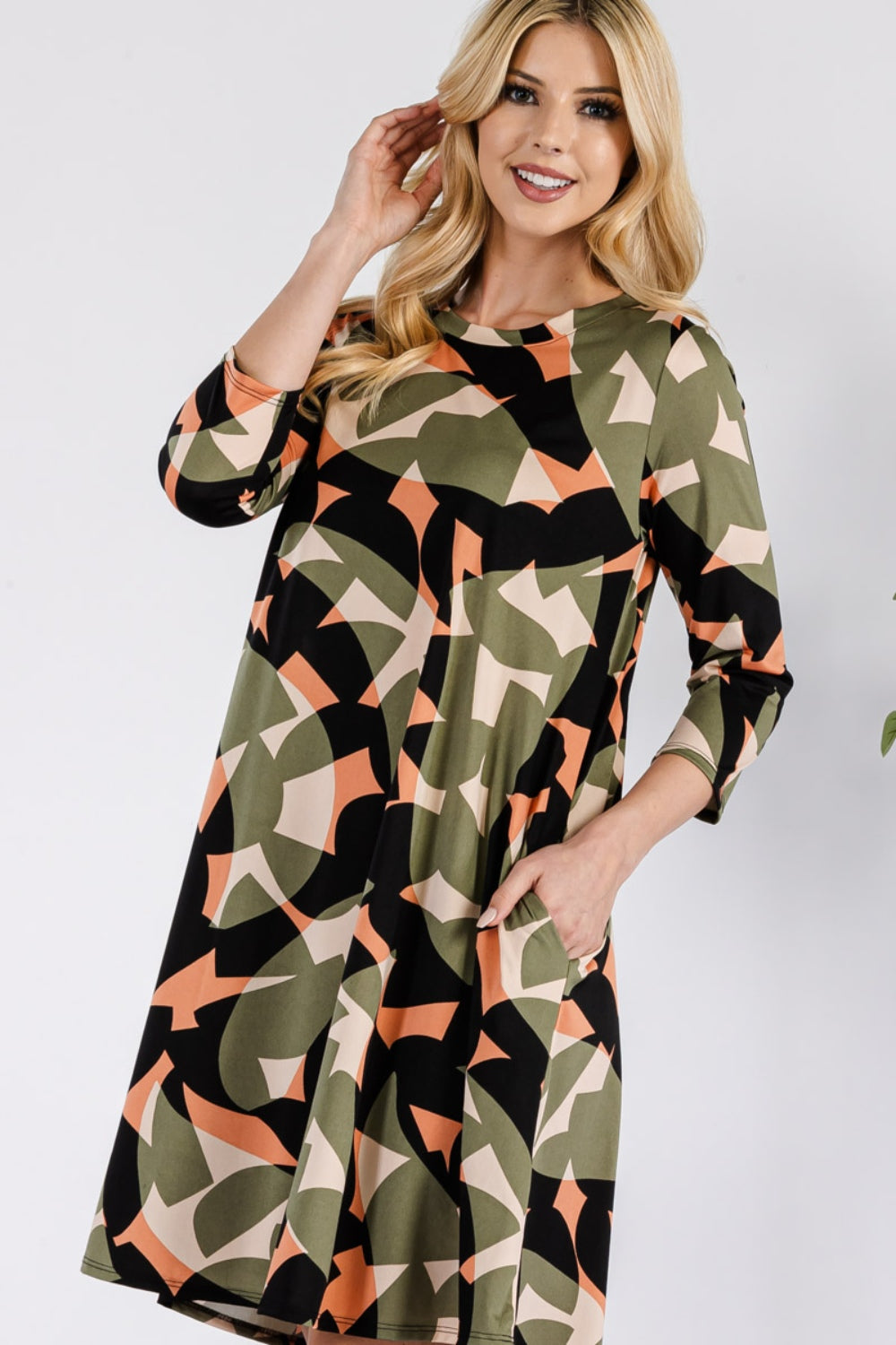 Celeste Full Size Geometric Round Neck Dress with Pockets - UrbanEthereal