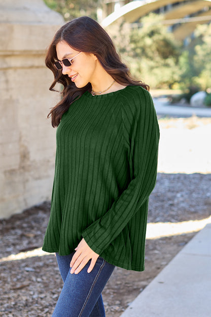 Basic Bae Full Size Ribbed Round Neck Long Sleeve Knit Top - UrbanEthereal