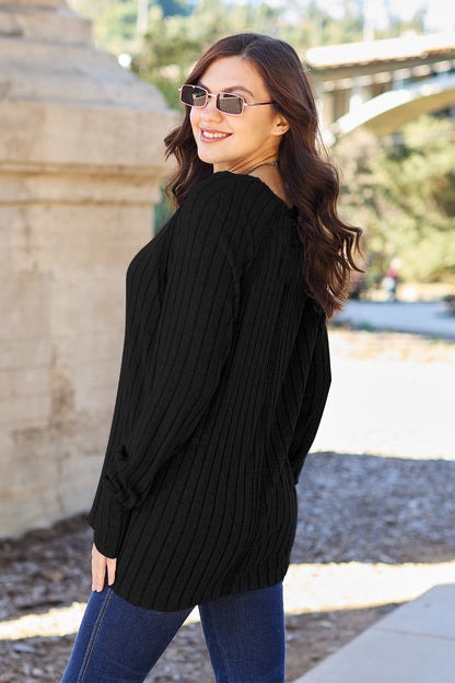 Basic Bae Full Size Ribbed Round Neck Long Sleeve Knit Top - UrbanEthereal