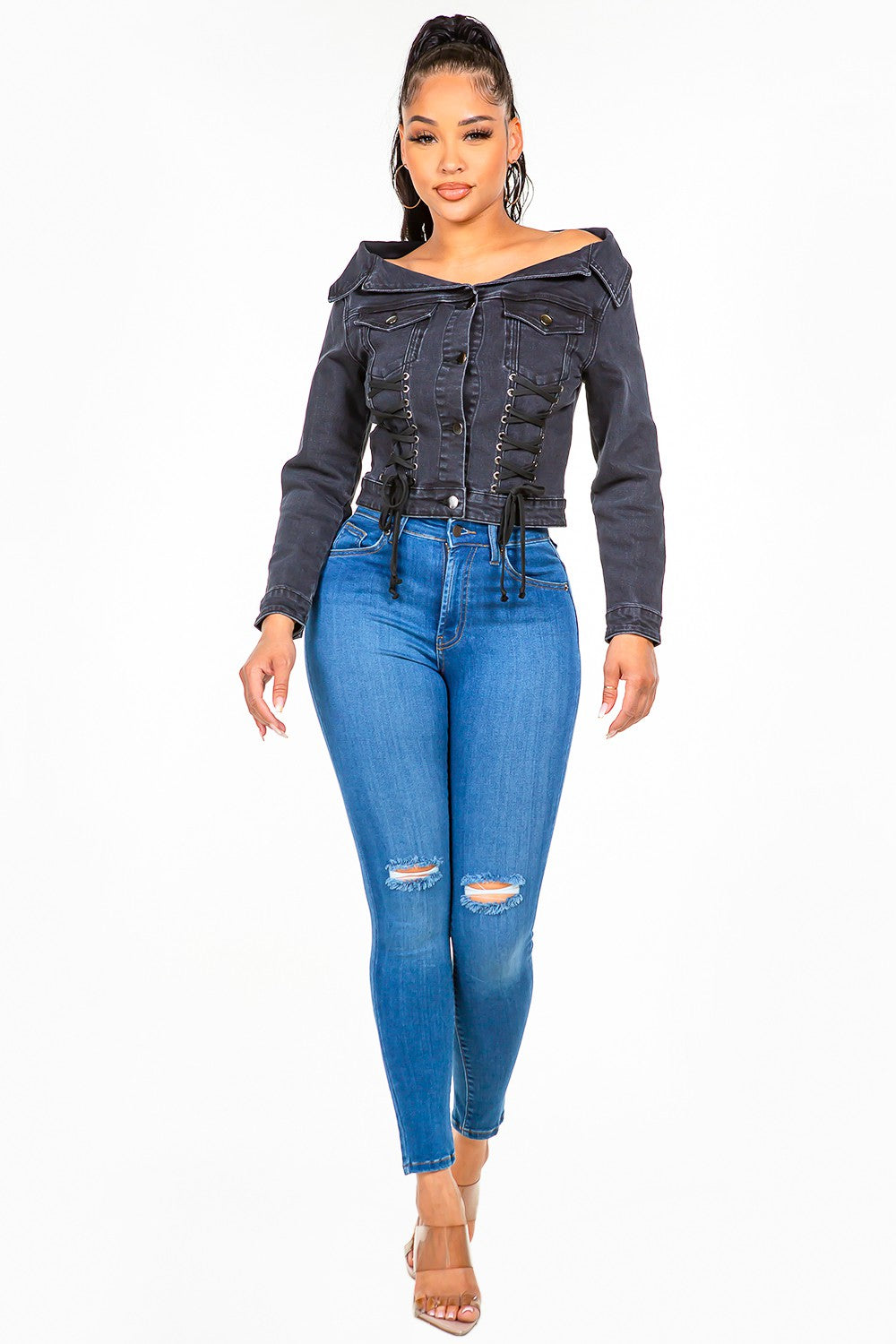 American Bazi Off Shoulder Lace Up Denim Jacket - UrbanEthereal