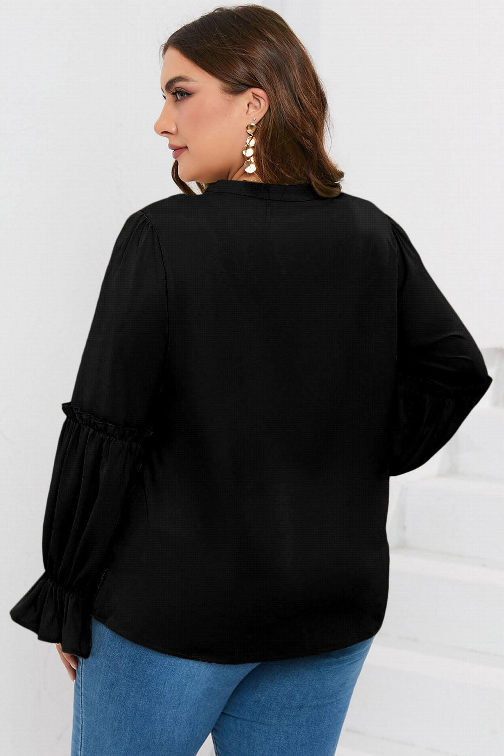 Plus Size Ruffled Tie Neck Flounce Sleeve Blouse - UrbanEthereal
