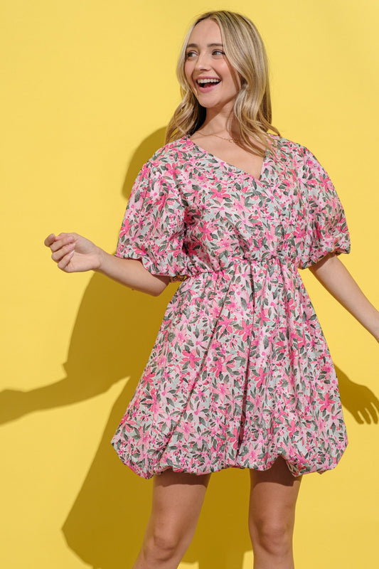And The Why Full Size Floral Surplice Puff Sleeve Dress - UrbanEthereal