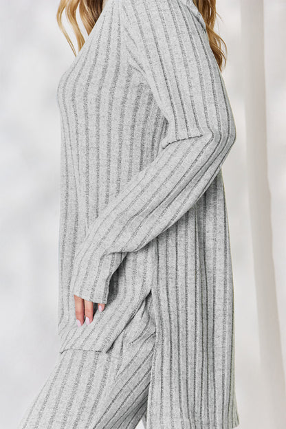 Basic Bae Full Size Ribbed High-Low Top and Wide Leg Pants Set - UrbanEthereal
