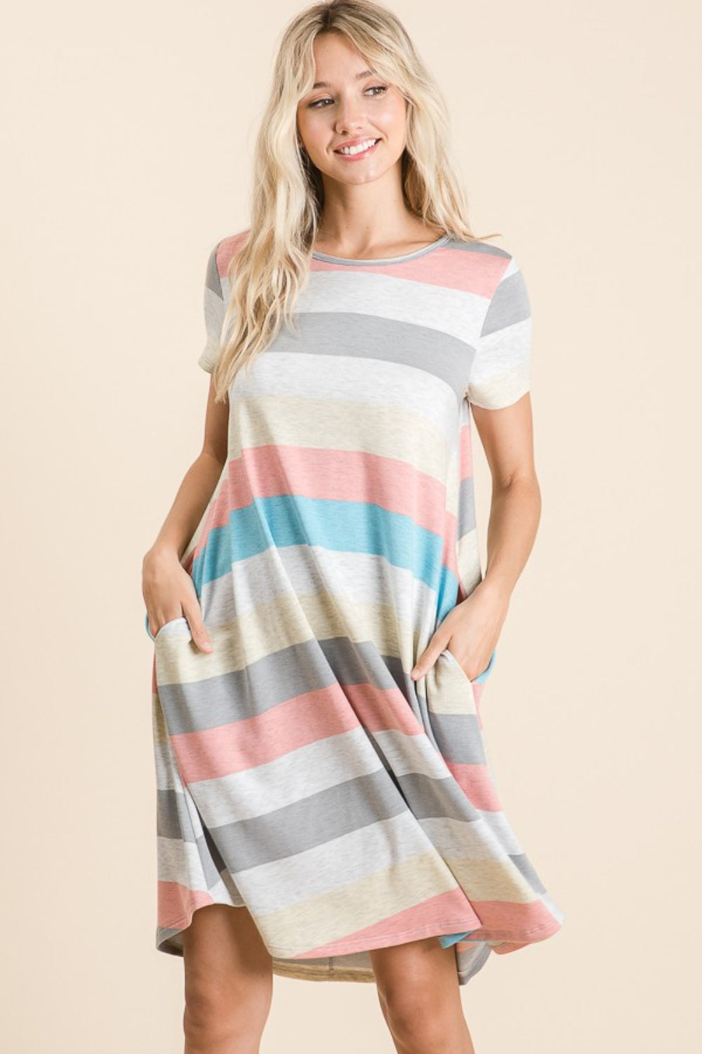 BOMBOM Striped Short Sleeve Dress with Pockets - UrbanEthereal