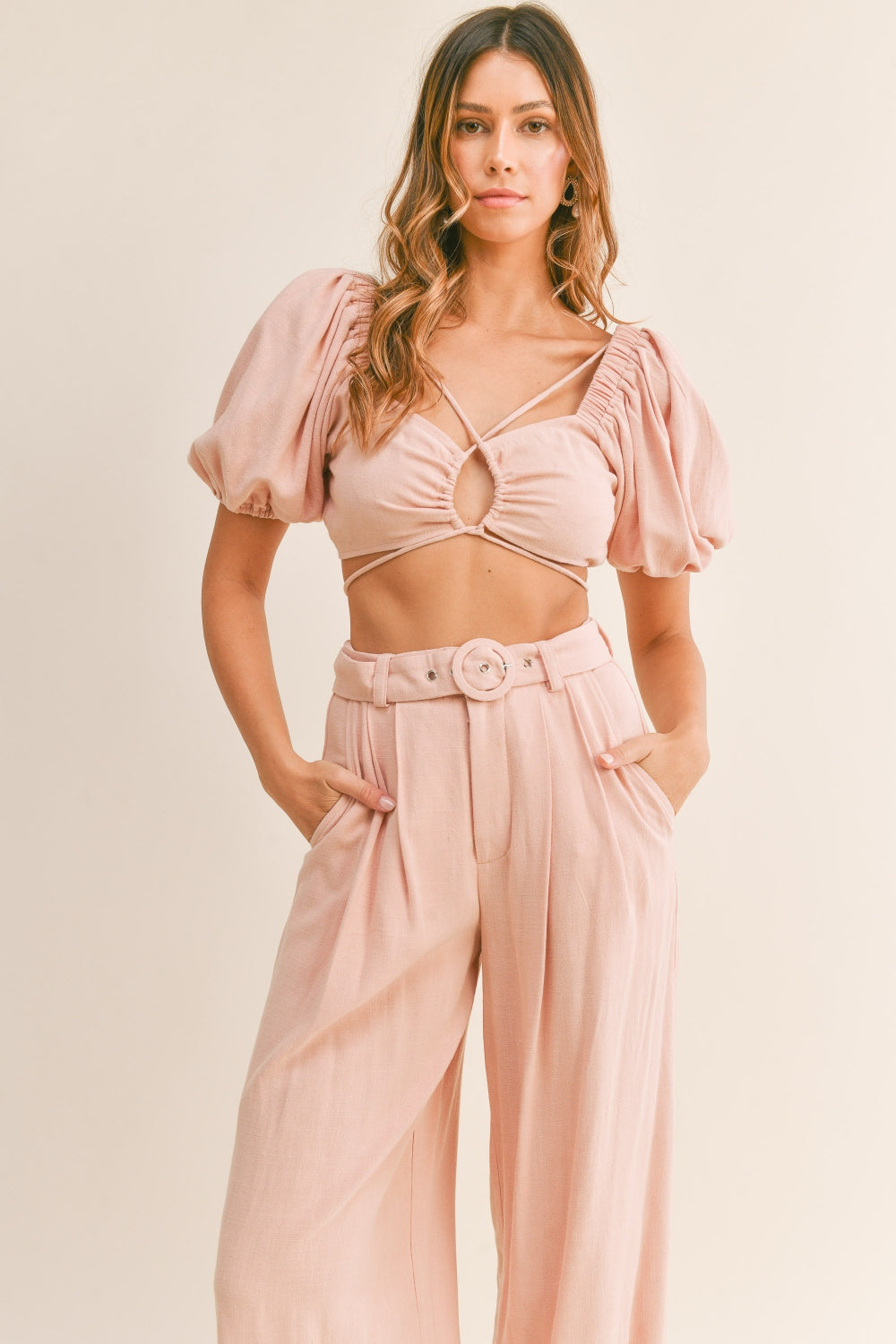 MABLE Cut Out Drawstring Crop Top and Belted Pants Set - UrbanEthereal