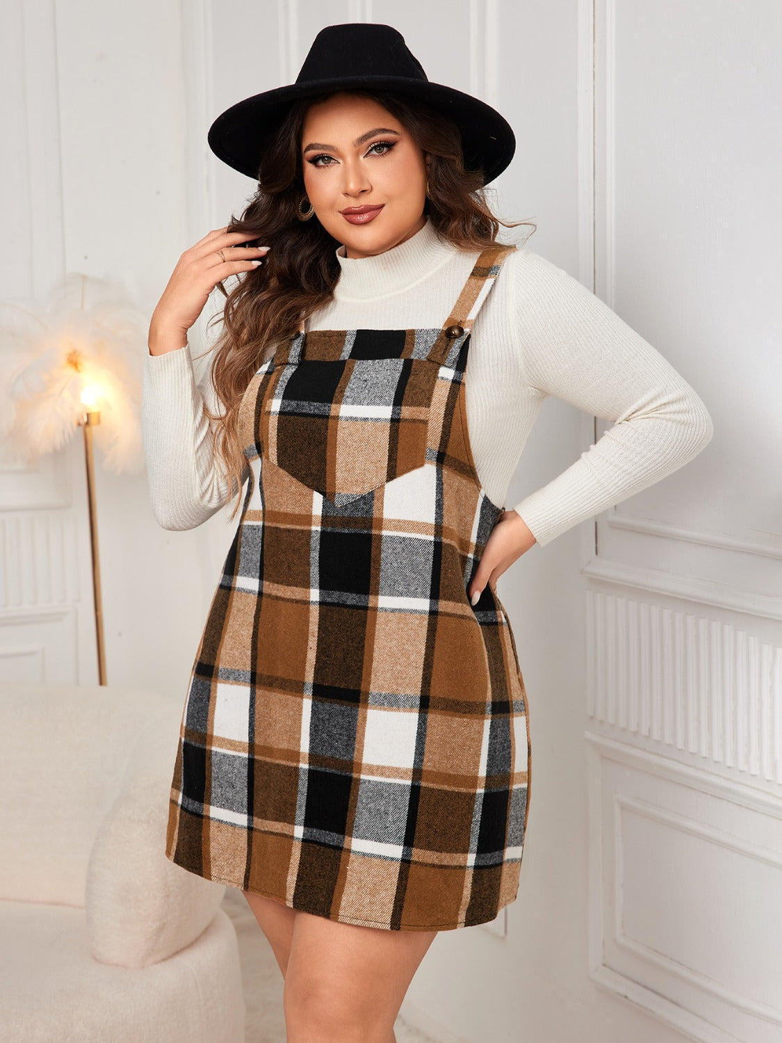 Plus Size Plaid Wide Strap Overall Dress - UrbanEthereal