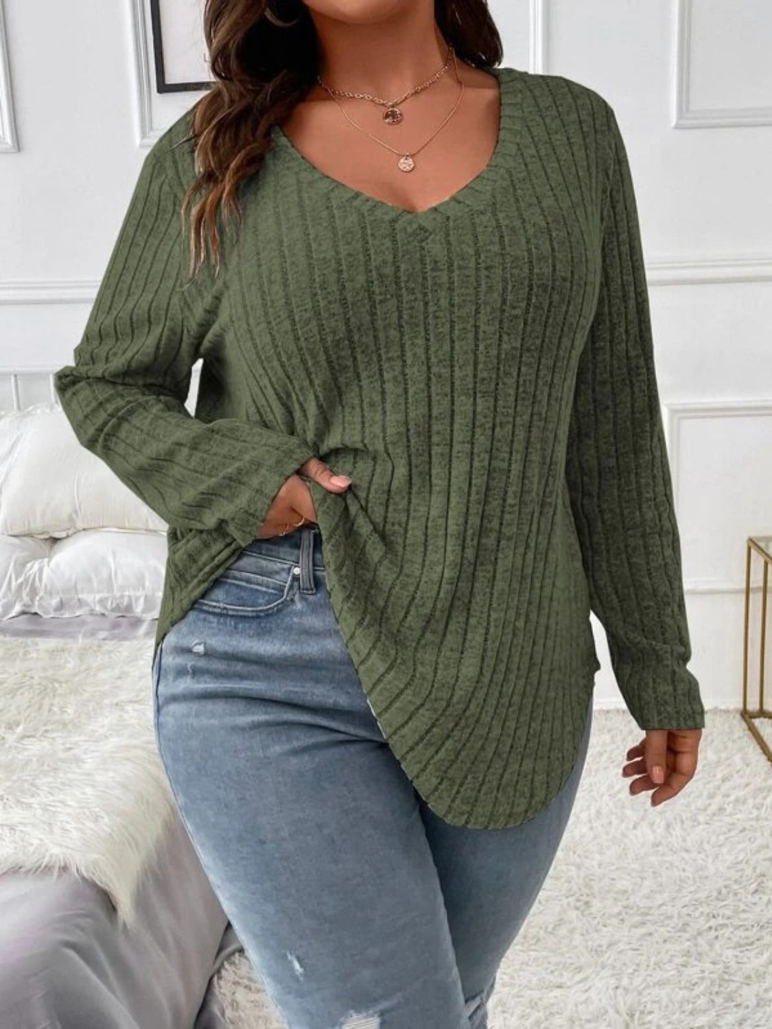 Plus Size V-Neck Long Sleeve T-Shirt - UrbanEthereal
