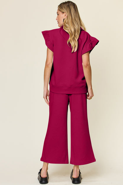 Double Take Texture Ruffle Short Sleeve Top and Drawstring Wide Leg Pants Set - UrbanEthereal