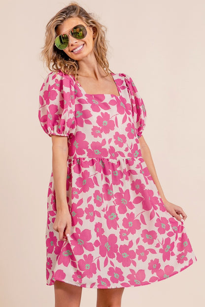 BiBi Printed Square Neck Puff Sleeve Mini Dress - UrbanEthereal