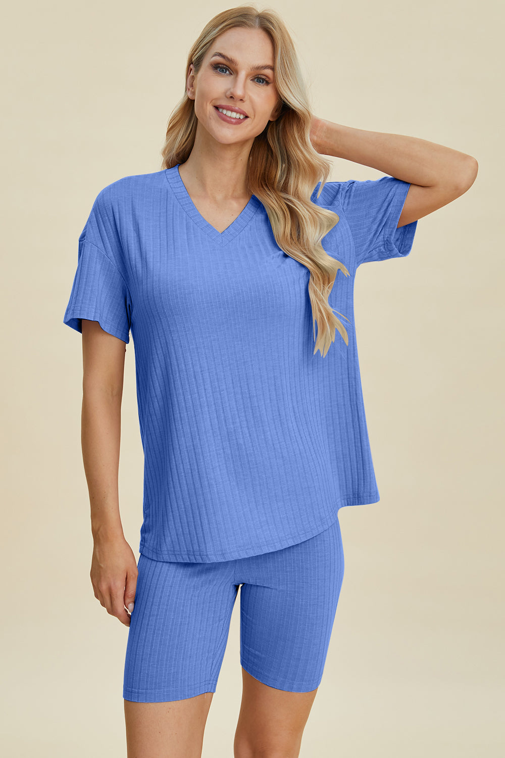 Basic Bae Full Size Ribbed V-Neck Short Sleeve Top and Shorts Set - UrbanEthereal