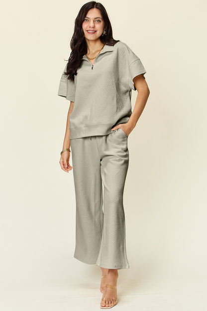 Double Take Full Size Texture Half Zip Short Sleeve Top and Pants Set - UrbanEthereal