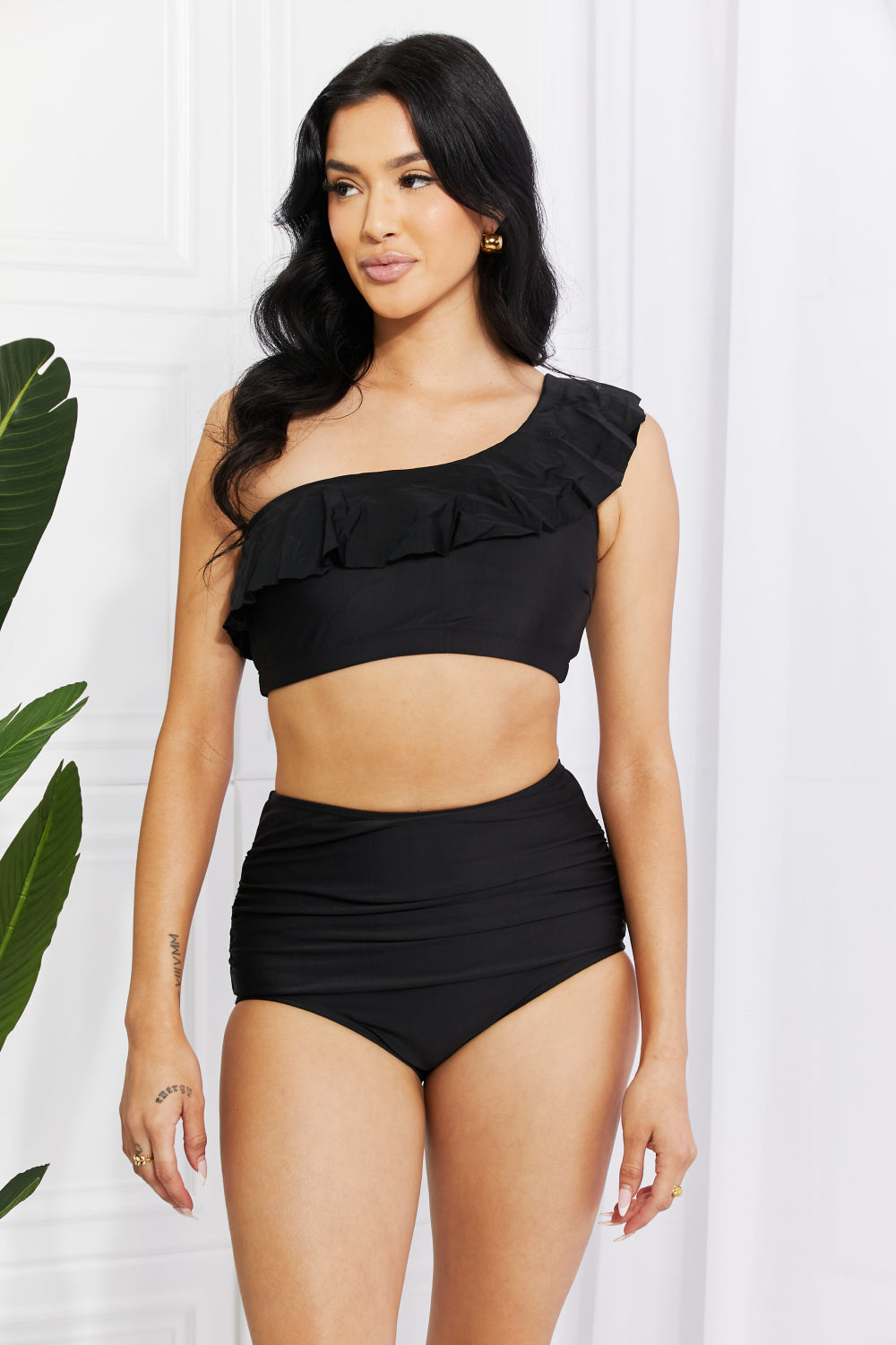 Marina West Swim Seaside Romance Ruffle One-Shoulder Bikini in Black - UrbanEthereal